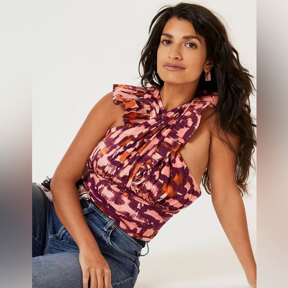 Anthropologie Tops - Anthropologie Ruched Ruffle Halter Top XL